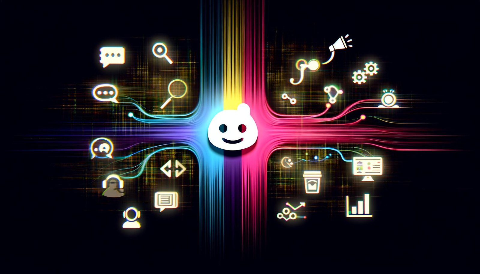 Düstere, moderne Illustration mit leuchtendem Slack-Logo im Zentrum, aus dem farbige Datenströme zu abstrahierten Symbolen für Marketing, Vertrieb, Support und digitale Analysen fließen.