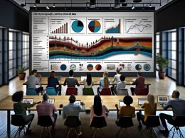 Team von Marketing- und Analyse-Fachkräften betrachtet interaktive, bunte Datenvisualisierung mit narrativen Elementen in modernem Büro.