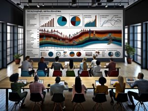 Team von Marketing- und Analyse-Fachkräften betrachtet interaktive, bunte Datenvisualisierung mit narrativen Elementen in modernem Büro.