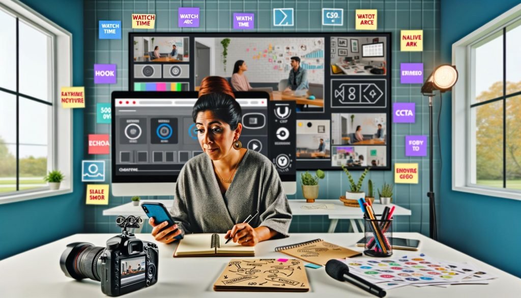Content-Creatorin arbeitet im modernen Home-Office, analysiert Instagram Reel an mehreren Monitoren mit Performance-Grafiken und kreativen Notizen, Kamera-Equipment im Hintergrund.