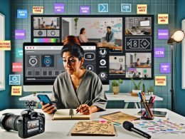 Content-Creatorin arbeitet im modernen Home-Office, analysiert Instagram Reel an mehreren Monitoren mit Performance-Grafiken und kreativen Notizen, Kamera-Equipment im Hintergrund.