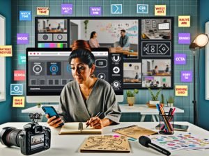 Content-Creatorin arbeitet im modernen Home-Office, analysiert Instagram Reel an mehreren Monitoren mit Performance-Grafiken und kreativen Notizen, Kamera-Equipment im Hintergrund.