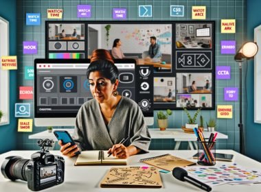 Content-Creatorin arbeitet im modernen Home-Office, analysiert Instagram Reel an mehreren Monitoren mit Performance-Grafiken und kreativen Notizen, Kamera-Equipment im Hintergrund.