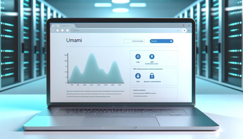 Modernes Büro mit Laptop, auf dem das klare, DSGVO-konforme Umami Analytics Dashboard zur Website-Analyse ohne Tracking-Cookies dargestellt ist. Im Hintergrund technische Elemente und Code.