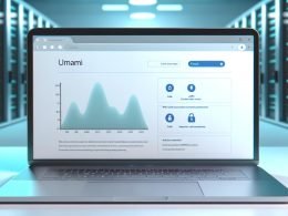 Modernes Büro mit Laptop, auf dem das klare, DSGVO-konforme Umami Analytics Dashboard zur Website-Analyse ohne Tracking-Cookies dargestellt ist. Im Hintergrund technische Elemente und Code.