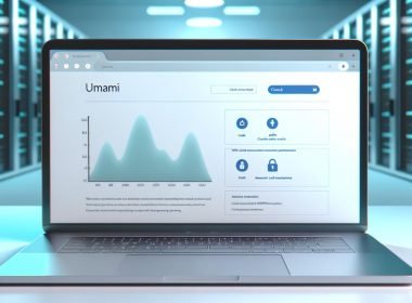 Modernes Büro mit Laptop, auf dem das klare, DSGVO-konforme Umami Analytics Dashboard zur Website-Analyse ohne Tracking-Cookies dargestellt ist. Im Hintergrund technische Elemente und Code.