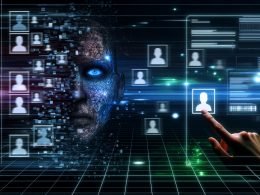 Futuristischer Kontrollraum mit menschlichem Gesicht aus Datenfragmenten, Datenströme, Matrix-Codes und Benutzeroberflächen, die echte und synthetische Identitäten zeigen