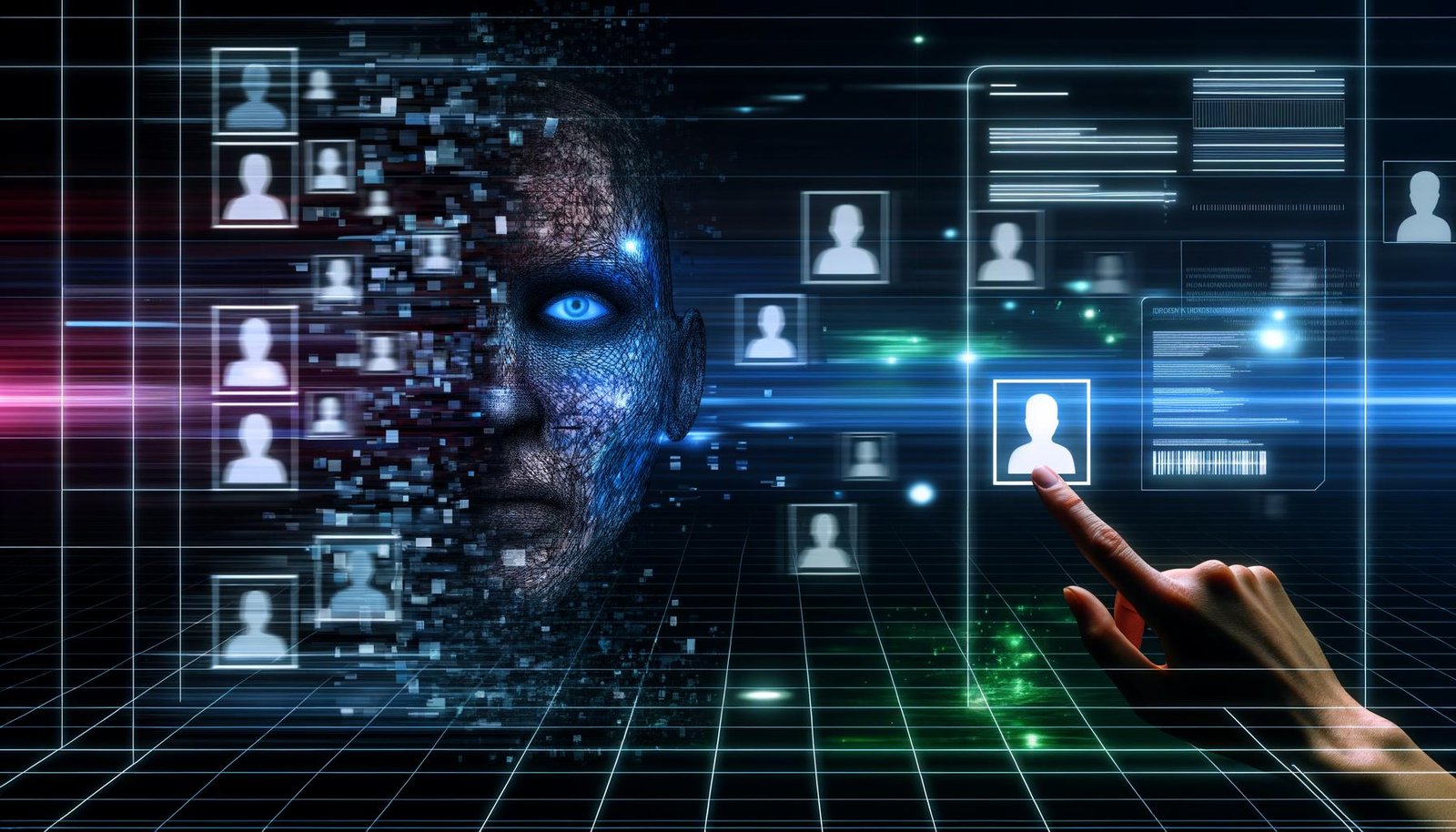 Futuristischer Kontrollraum mit menschlichem Gesicht aus Datenfragmenten, Datenströme, Matrix-Codes und Benutzeroberflächen, die echte und synthetische Identitäten zeigen