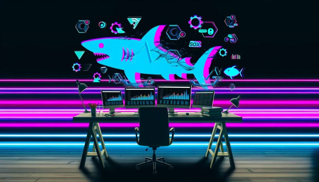 Dynamische Collage digitaler Icons und Symbole für Online-Marketing und SEO schwebt über minimalistischem Schreibtisch mit Monitoren voller Analytics und technischer Daten. Neonfarbene Lichtkonturen sorgen für eine energiegeladene, wettbewerbsbetonte Stimmung.