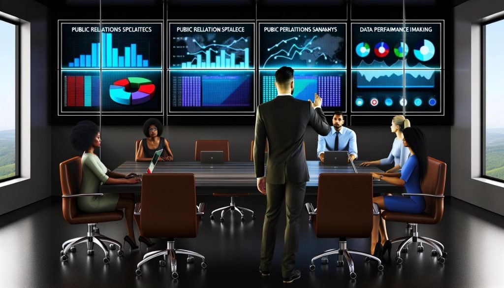 Team von PR-Spezialisten analysiert bunte Datenvisualisierungen auf großen Bildschirmen in einem modernen Büro, während ein Manager Einsichten präsentiert.