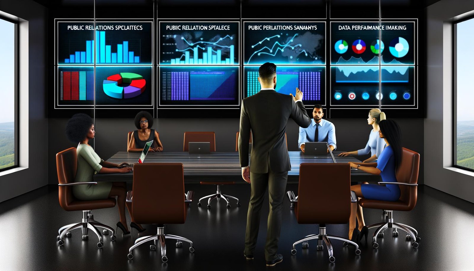 Team von PR-Spezialisten analysiert bunte Datenvisualisierungen auf großen Bildschirmen in einem modernen Büro, während ein Manager Einsichten präsentiert.