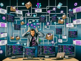Gestresster IT-Admin im Hoodie jongliert in einem modernen Büro mit mehreren Monitoren, voller Slack-Nachrichten, Datenströme und bunter Channels. Ein digitales Labyrinth aus Slack-Icons schwebt darüber.