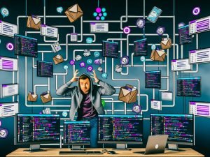 Gestresster IT-Admin im Hoodie jongliert in einem modernen Büro mit mehreren Monitoren, voller Slack-Nachrichten, Datenströme und bunter Channels. Ein digitales Labyrinth aus Slack-Icons schwebt darüber.
