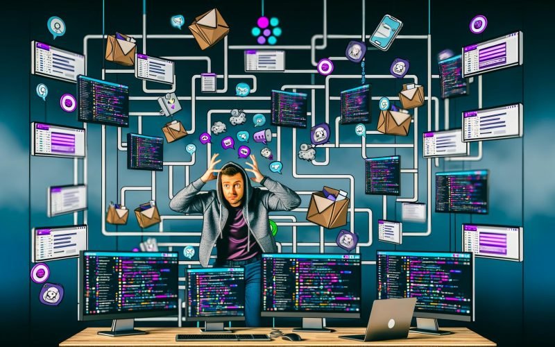 Gestresster IT-Admin im Hoodie jongliert in einem modernen Büro mit mehreren Monitoren, voller Slack-Nachrichten, Datenströme und bunter Channels. Ein digitales Labyrinth aus Slack-Icons schwebt darüber.