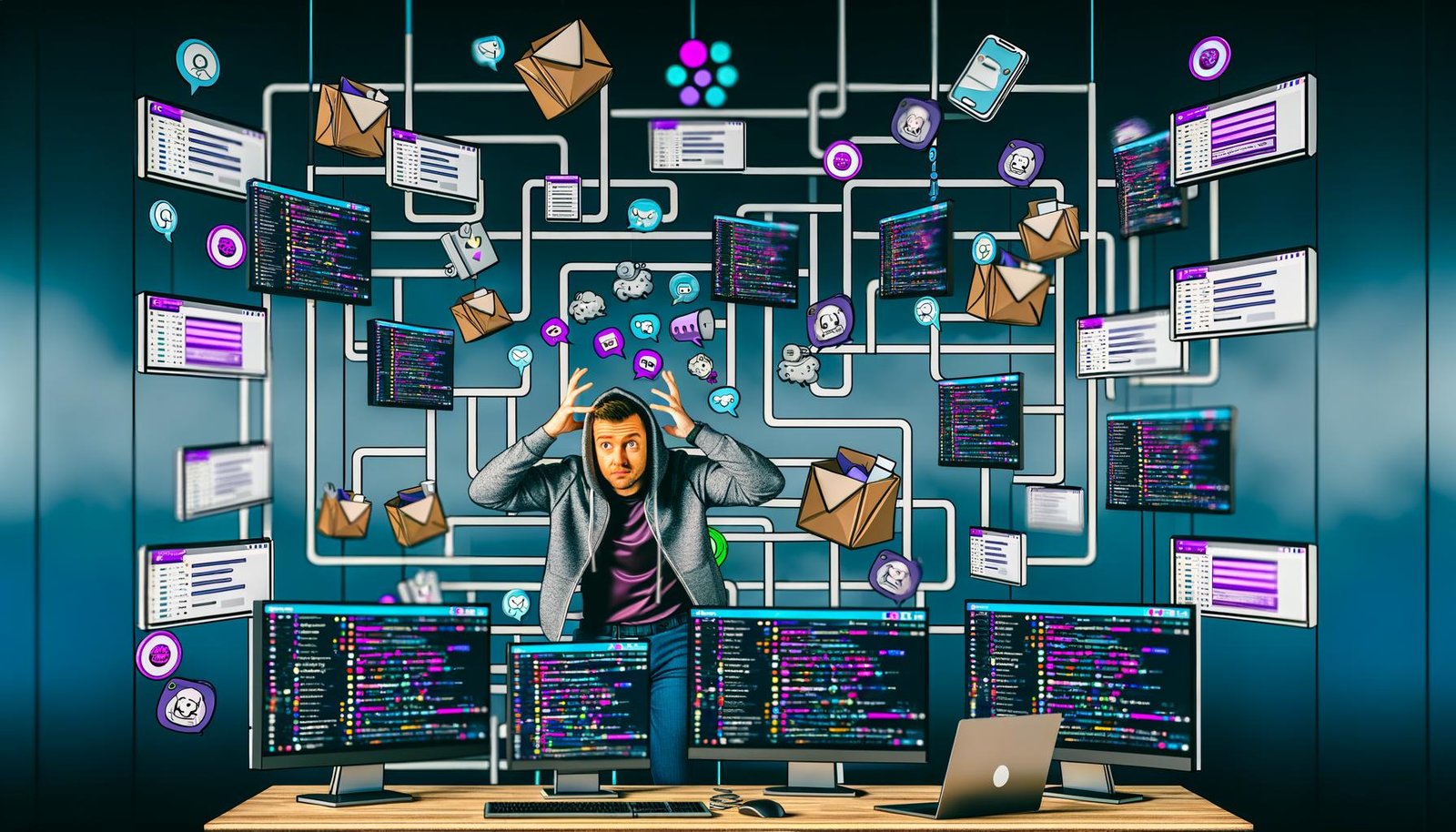 Gestresster IT-Admin im Hoodie jongliert in einem modernen Büro mit mehreren Monitoren, voller Slack-Nachrichten, Datenströme und bunter Channels. Ein digitales Labyrinth aus Slack-Icons schwebt darüber.