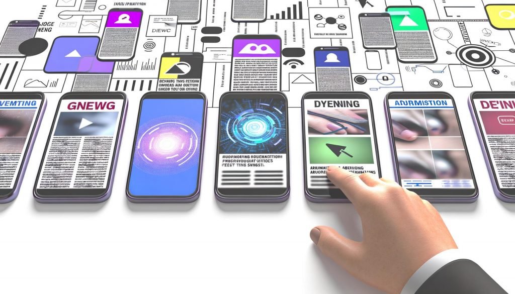 Minimalistische Illustration mit nebeneinanderliegenden Smartphones, geöffneten Apple News Apps, surrealen KI-Werbeanzeigen und vernetzten Datenströmen im Hintergrund.