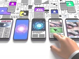 Minimalistische Illustration mit nebeneinanderliegenden Smartphones, geöffneten Apple News Apps, surrealen KI-Werbeanzeigen und vernetzten Datenströmen im Hintergrund.