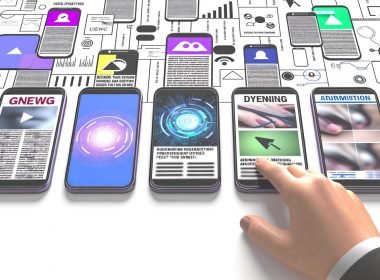 Minimalistische Illustration mit nebeneinanderliegenden Smartphones, geöffneten Apple News Apps, surrealen KI-Werbeanzeigen und vernetzten Datenströmen im Hintergrund.