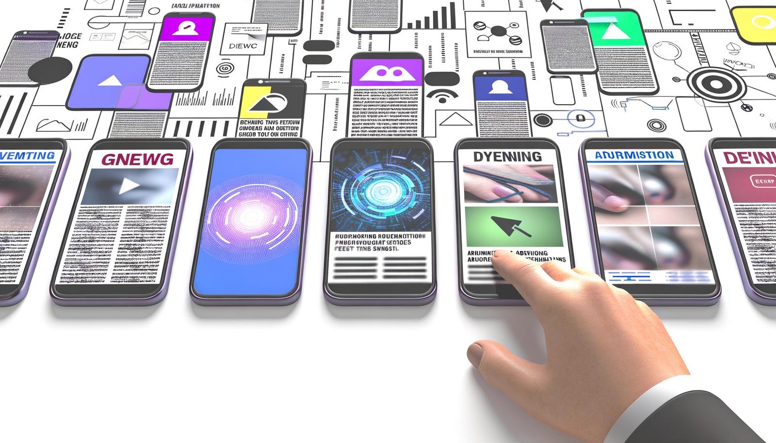 Minimalistische Illustration mit nebeneinanderliegenden Smartphones, geöffneten Apple News Apps, surrealen KI-Werbeanzeigen und vernetzten Datenströmen im Hintergrund.