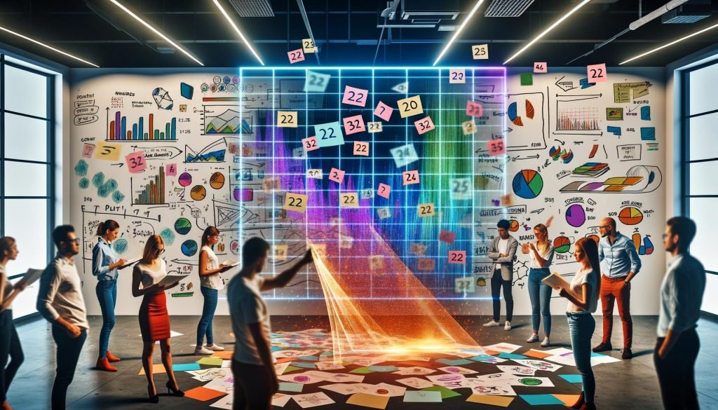 Mitarbeiter:innen aus verschiedenen Abteilungen analysieren gemeinsam Daten an einem großen interaktiven Bildschirm im Open-Space-Büro. Bunte Diagramme, Heatmaps und Storyboards werden gezeigt, während Zahlen durch ein Prisma projiziert und visuell aufbereitet werden. Im Hintergrund kreative Whiteboards und ein Mosaik aus Post-its.