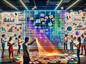 Mitarbeiter:innen aus verschiedenen Abteilungen analysieren gemeinsam Daten an einem großen interaktiven Bildschirm im Open-Space-Büro. Bunte Diagramme, Heatmaps und Storyboards werden gezeigt, während Zahlen durch ein Prisma projiziert und visuell aufbereitet werden. Im Hintergrund kreative Whiteboards und ein Mosaik aus Post-its.