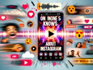 Dynamische Collage im Instagram Hochformat: Im Mittelpunkt ein Smartphone mit viralem Reel, leuchtender Hook-Text, pulsierende Emojis, Play-Button und digitale Social Media-Icons umrahmt von verschwommenem Hintergrund.