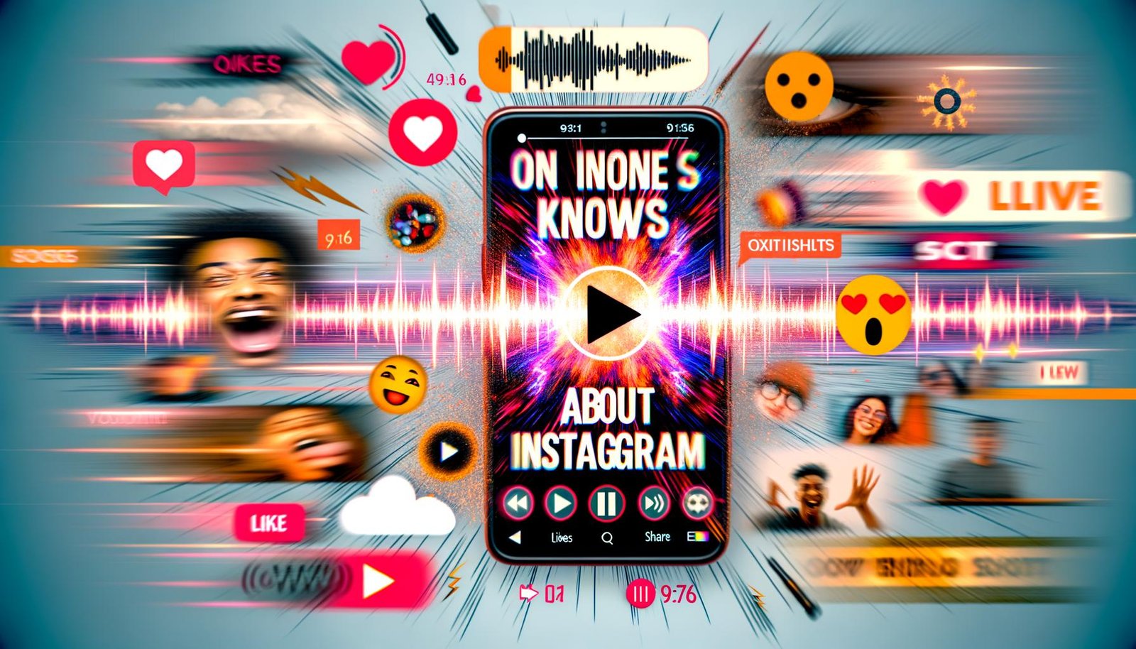 Dynamische Collage im Instagram Hochformat: Im Mittelpunkt ein Smartphone mit viralem Reel, leuchtender Hook-Text, pulsierende Emojis, Play-Button und digitale Social Media-Icons umrahmt von verschwommenem Hintergrund.