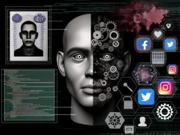 Digitale Collage eines mosaikartigen Gesichts, das sich aus echten und künstlichen Elementen sowie Datenfragmenten zusammensetzt, mit technischen Symbolen und Netzwerkverbindungen im Hintergrund.