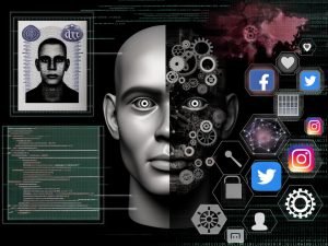 Digitale Collage eines mosaikartigen Gesichts, das sich aus echten und künstlichen Elementen sowie Datenfragmenten zusammensetzt, mit technischen Symbolen und Netzwerkverbindungen im Hintergrund.