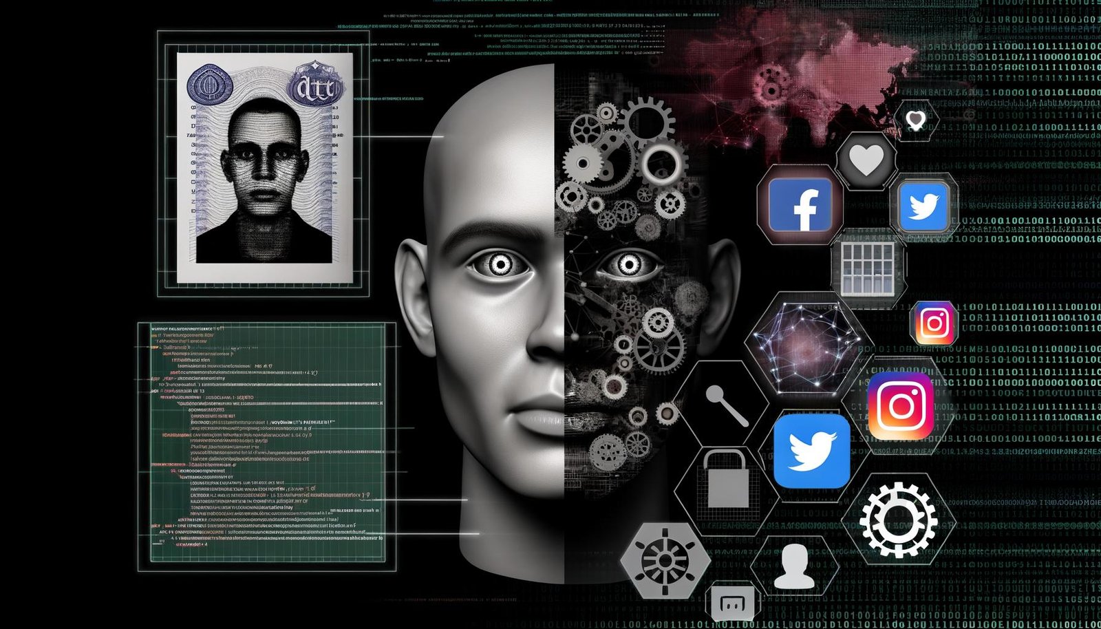 Digitale Collage eines mosaikartigen Gesichts, das sich aus echten und künstlichen Elementen sowie Datenfragmenten zusammensetzt, mit technischen Symbolen und Netzwerkverbindungen im Hintergrund.