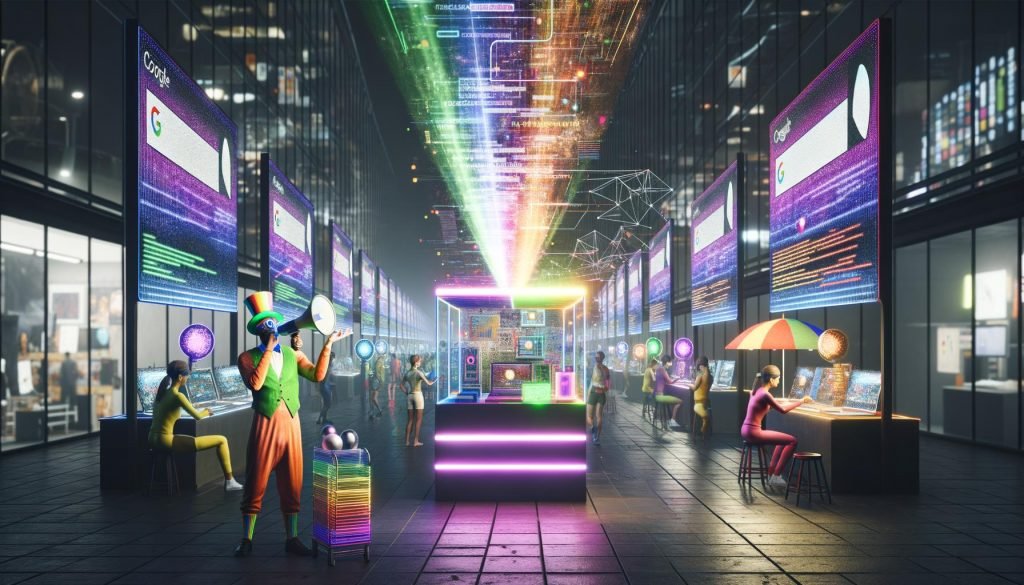 Digitaler Basar mit LED-Ständen, Datenströmen und Marktschreier, umgeben von VR-Nutzern und schwebenden Interfaces im hyperrealistischen, leicht dystopischen Stil