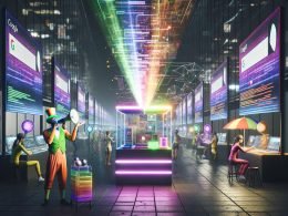 Digitaler Basar mit LED-Ständen, Datenströmen und Marktschreier, umgeben von VR-Nutzern und schwebenden Interfaces im hyperrealistischen, leicht dystopischen Stil