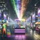 Digitaler Basar mit LED-Ständen, Datenströmen und Marktschreier, umgeben von VR-Nutzern und schwebenden Interfaces im hyperrealistischen, leicht dystopischen Stil