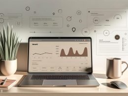 Moderner Arbeitsplatz mit Laptop, der ein minimalistisches Umami Analytics Dashboard mit Echtzeit-Statistiken zeigt, daneben eine Kaffeetasse und eine kleine Pflanze, betont von neutralen Farben und Privatsphäre-Symbolen.