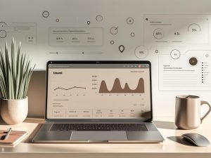 Moderner Arbeitsplatz mit Laptop, der ein minimalistisches Umami Analytics Dashboard mit Echtzeit-Statistiken zeigt, daneben eine Kaffeetasse und eine kleine Pflanze, betont von neutralen Farben und Privatsphäre-Symbolen.