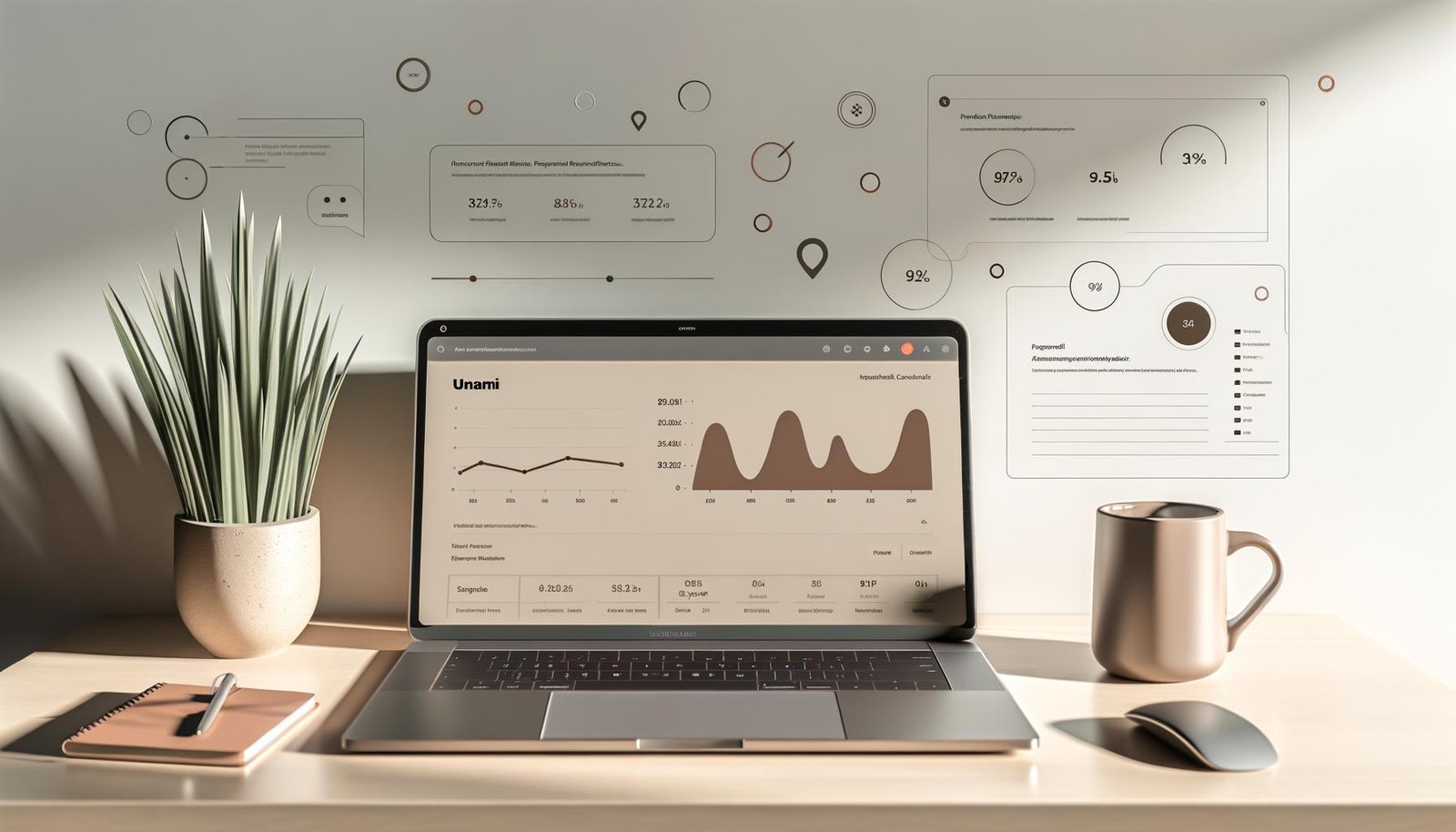 Moderner Arbeitsplatz mit Laptop, der ein minimalistisches Umami Analytics Dashboard mit Echtzeit-Statistiken zeigt, daneben eine Kaffeetasse und eine kleine Pflanze, betont von neutralen Farben und Privatsphäre-Symbolen.