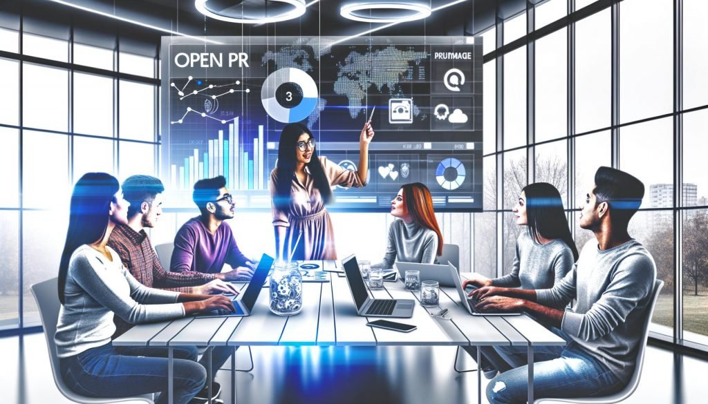 Innovatives PR-Team diskutiert an einem großen Tisch mit digitalen Geräten und offenen PR-Software-Dashboards im modernen, urbanen Büro.