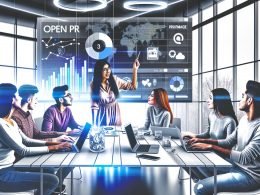 Innovatives PR-Team diskutiert an einem großen Tisch mit digitalen Geräten und offenen PR-Software-Dashboards im modernen, urbanen Büro.