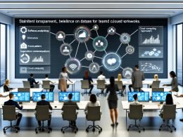 Futuristisches Büro mit diversen Fachkräften, die gemeinsam an digitalen Dashboards mit Slack-Analysen und Workflow-Automatisierungen arbeiten.