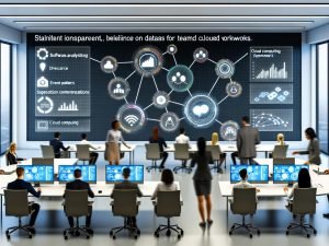 Futuristisches Büro mit diversen Fachkräften, die gemeinsam an digitalen Dashboards mit Slack-Analysen und Workflow-Automatisierungen arbeiten.