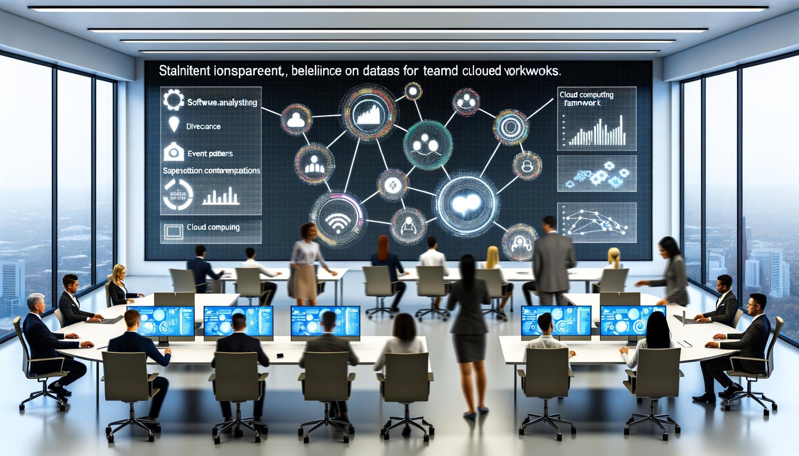 Futuristisches Büro mit diversen Fachkräften, die gemeinsam an digitalen Dashboards mit Slack-Analysen und Workflow-Automatisierungen arbeiten.
