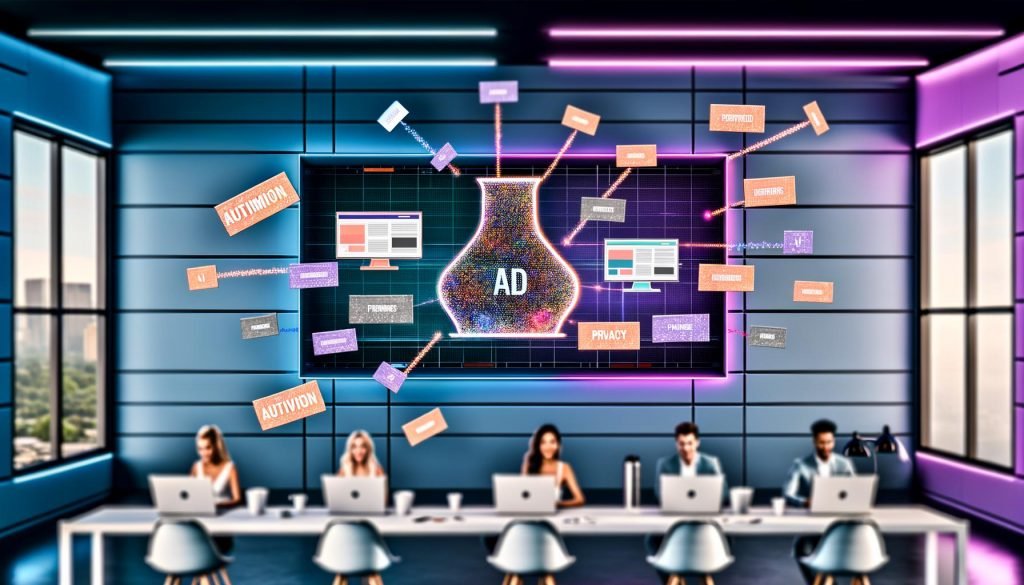 Junges Marketing-Team arbeitet in modernem Workspace mit Laptops, Apple News Ads, KI-Tools und holografischen Digital-Bannern. Begriffe wie Automatisierung, SKAdNetwork und Datenschutz sind zu sehen.