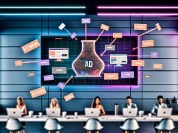 Junges Marketing-Team arbeitet in modernem Workspace mit Laptops, Apple News Ads, KI-Tools und holografischen Digital-Bannern. Begriffe wie Automatisierung, SKAdNetwork und Datenschutz sind zu sehen.