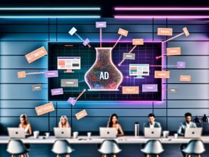Junges Marketing-Team arbeitet in modernem Workspace mit Laptops, Apple News Ads, KI-Tools und holografischen Digital-Bannern. Begriffe wie Automatisierung, SKAdNetwork und Datenschutz sind zu sehen.