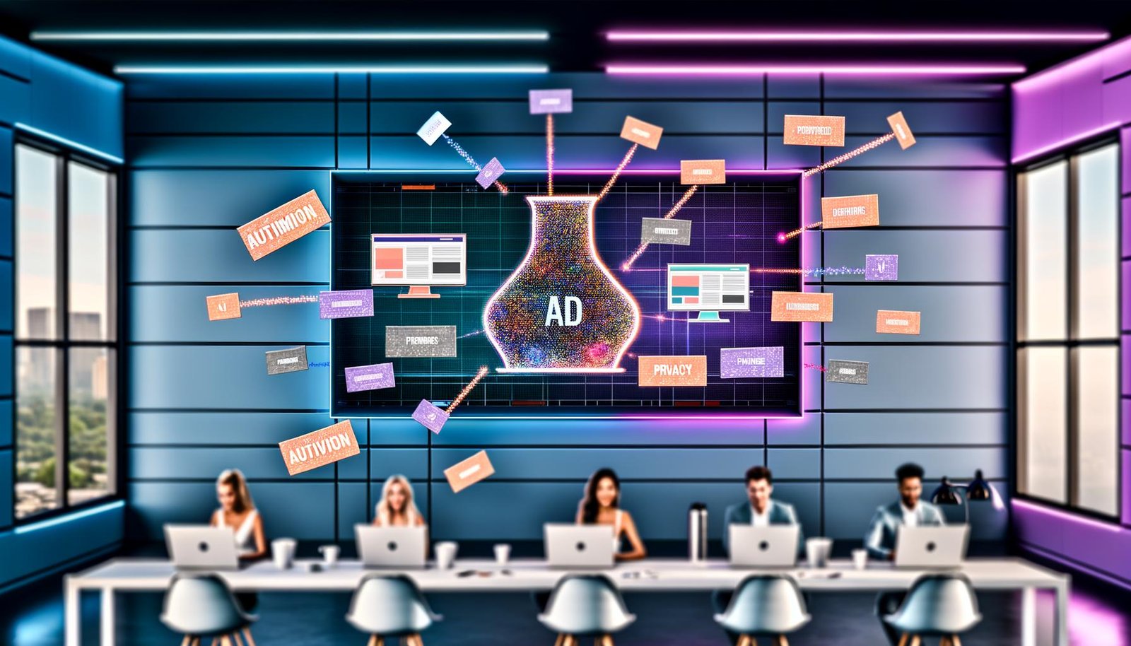 Junges Marketing-Team arbeitet in modernem Workspace mit Laptops, Apple News Ads, KI-Tools und holografischen Digital-Bannern. Begriffe wie Automatisierung, SKAdNetwork und Datenschutz sind zu sehen.