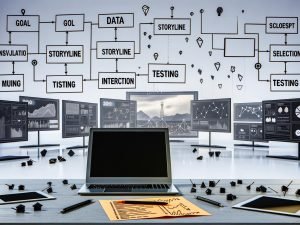 Dynamischer Arbeitsplatz mit Laptop, Monitoren, geöffneter Checkliste und modernen Visualisierungen, die Klarheit im Datendesign vermitteln.