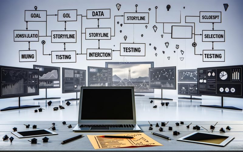Dynamischer Arbeitsplatz mit Laptop, Monitoren, geöffneter Checkliste und modernen Visualisierungen, die Klarheit im Datendesign vermitteln.