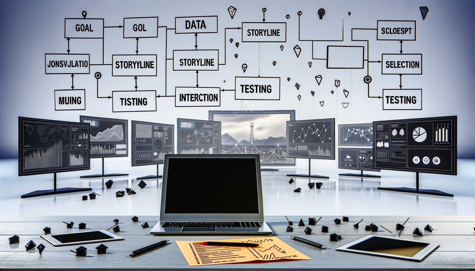 Dynamischer Arbeitsplatz mit Laptop, Monitoren, geöffneter Checkliste und modernen Visualisierungen, die Klarheit im Datendesign vermitteln.