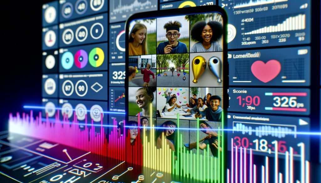 Dynamischer Instagram-Feed mit mehreren bunten Reels und Stories, kreative Content-Produktion, Notizblätter, Text-Overlays, Emojis, Analytics-Grafiken und technische Daten im Hintergrund.