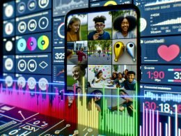 Dynamischer Instagram-Feed mit mehreren bunten Reels und Stories, kreative Content-Produktion, Notizblätter, Text-Overlays, Emojis, Analytics-Grafiken und technische Daten im Hintergrund.
